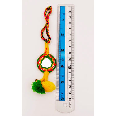 Yellow and Green Pompoms Tassels, Dangles with Mirror And Pom Poms, Keyring